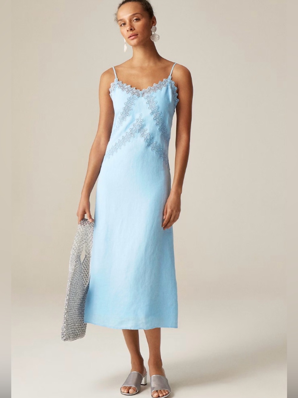 J. Crew 90’s Inspo Blue Coastal Lace Trim Linen Slip Midi Dress 8